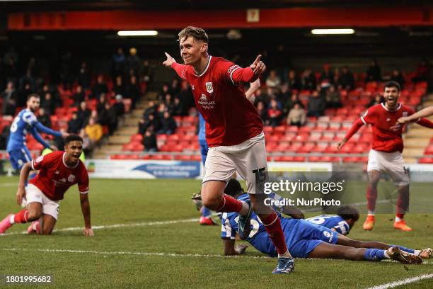 Connor O'Riordan of Crewe Alex is celebrating after scoring, making it 2-1, during the Sky Bet League 2 match between Crewe Alexandra and Doncaster...