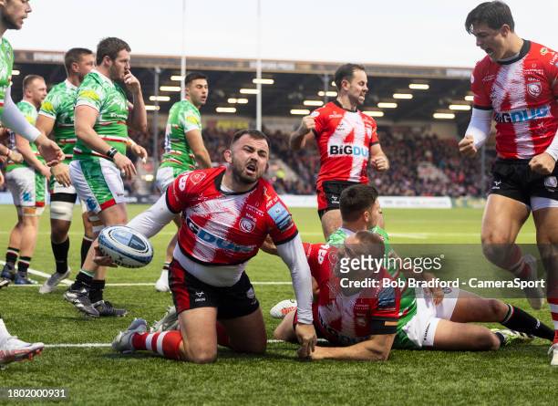 Gloucester's George McGuigan celebrates scoring his sides first try during the Gallagher Premiership Rugby match between Gloucester Rugby and...