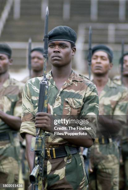 Former ZIPRA guerilla fighters training for the Independence Day parade in Rhodesia, circa March 1980.