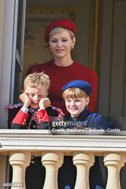 Prince Jacques of Monaco, Princess Charlene of Monaco and Princess Gabriella of Monaco attend the Monaco National Day 2023 on November 19, 2023 in...