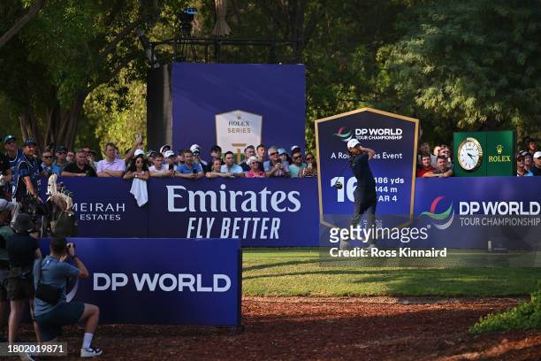 Tommy Fleetwood of England tees off on the 16th hole during Day Four of the DP World Tour Championship on the Earth Course at Jumeirah Golf Estates...