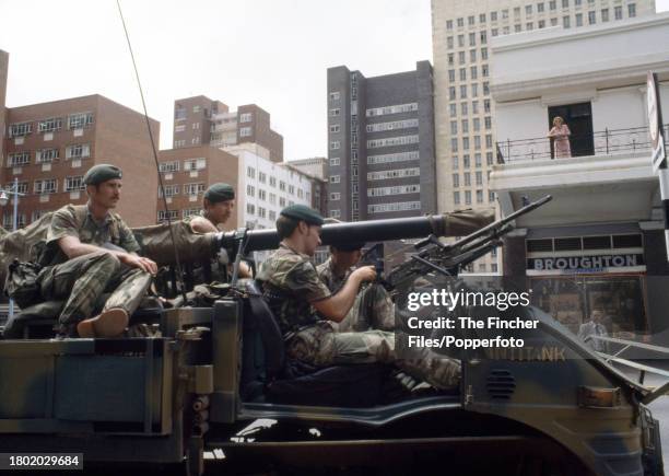 Rhodesia security forces in Salisbury city centre during national elections, circa March 1980.