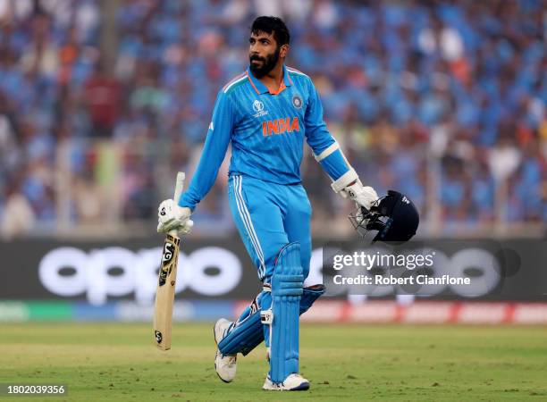 Jasprit Bumrah of India makes his way off after being dismissed during the ICC Men's Cricket World Cup India 2023 Final between India and Australia...