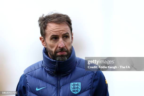 Gareth Southgate, Head Coach of England, looks on during an England Training Session at Tottenham Hotspur Training Centre on November 19, 2023 in...