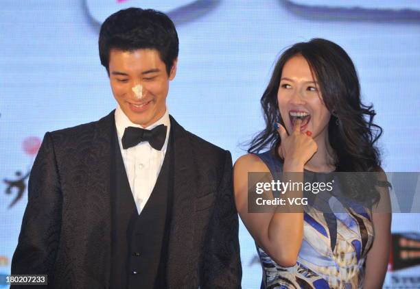 Actress Zhang Ziyi and actor Leehom Wang attend "My Lucky Star" press conference at Conrad Hotel on September 10, 2013 in Beijing, China.