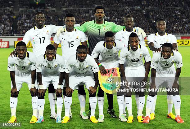 Ghana's starting players pose in photo session prior to their friendly football match against Japan in Yokohama, Kanagawa prefecture on September 10,...