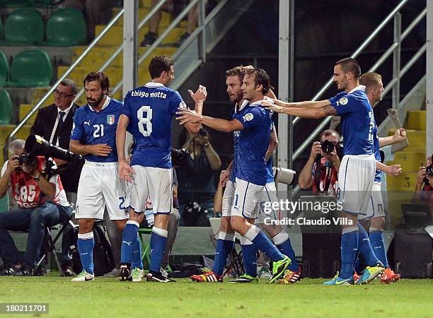 Alberto Gilardino of Italy celebrates scoring the first goal during the FIFA 2014 World Cup Qualifier group B match between Italy and Bulgaria at...