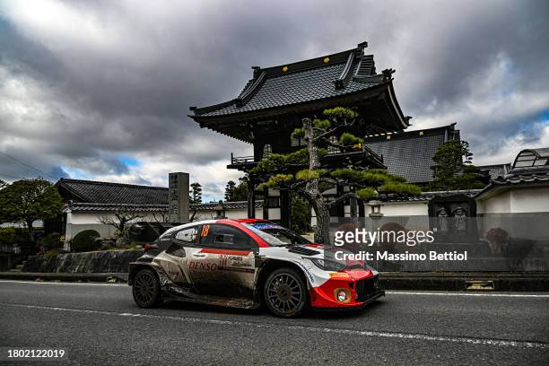 Takamoto Katsuta of Japan and Aaron Johnston of Ireland compete with their Toyota Gazoo Racing WRT Toyota GR Yaris Rally1 Hybrid during Day 4 of the...