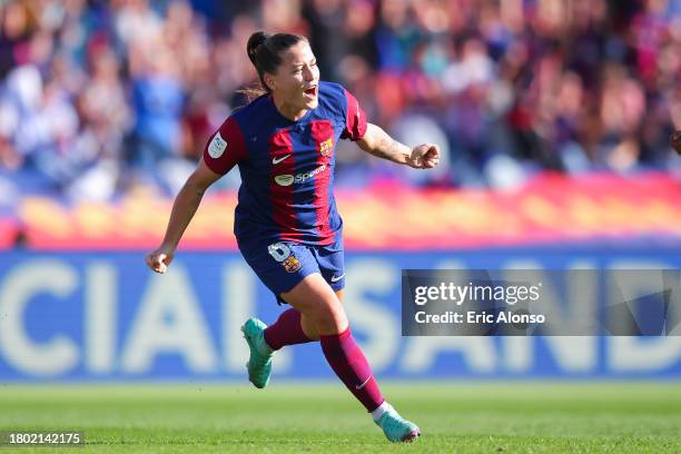 Claudia Pina of FC Barcelona celebrates after scoring their team's fourth goal during the Liga F match between FC Barcelona and Real Madrid Femenino...