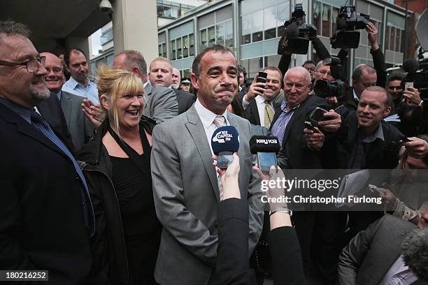 Michael Le Vell, who plays Kevin Webster in the TV soap Coronation Street, makes a statement to the press after being found not guilty at Manchester...