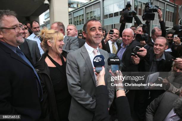 Michael Le Vell, who plays Kevin Webster in the TV soap Coronation Street, makes a statement to the press after being found not guilty at Manchester...