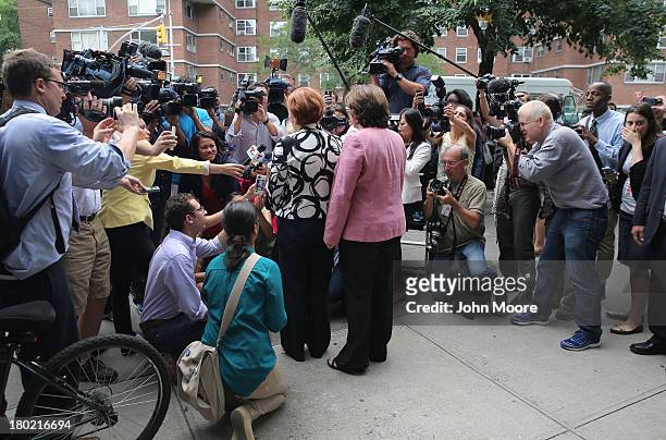 Democratic mayoral candidate Christine Quinn and her wife Kim Catullo speak to the media after casting their votes in the primary election for New...