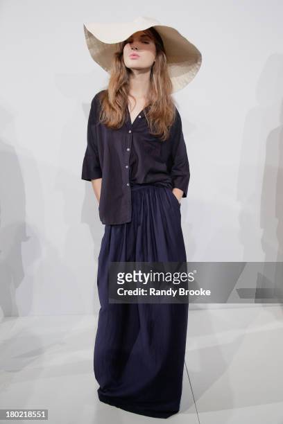 Model displays a design at the Steven Alan presentation during Spring 2014 Mercedes-Benz Fashion Week at The Box at Lincoln Center on September 10,...