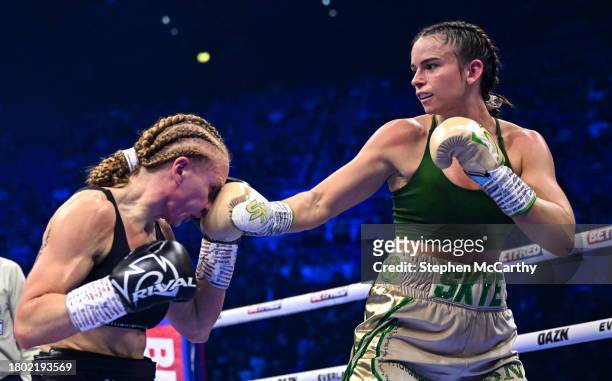 Dublin , Ireland - 25 November 2023; Skye Nicolson, right, and Lucy Wildheart during their Interim WBC featherweight world bout at the 3Arena in...