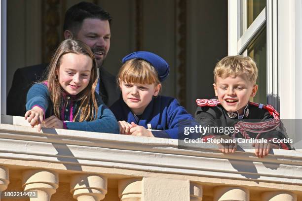 Kaia-Rose Wittstock, Princess Gabriella of Monaco and Prince Jacques of Monaco attend the Monaco National Day 2023 on November 19, 2023 in Monaco,...