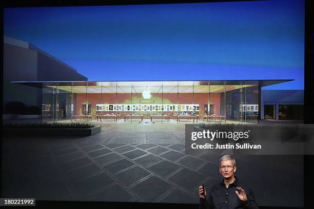 Apple CEO Tim Cook speaks on stage during an Apple product announcement at the Apple campus on September 10, 2013 in Cupertino, California. The...