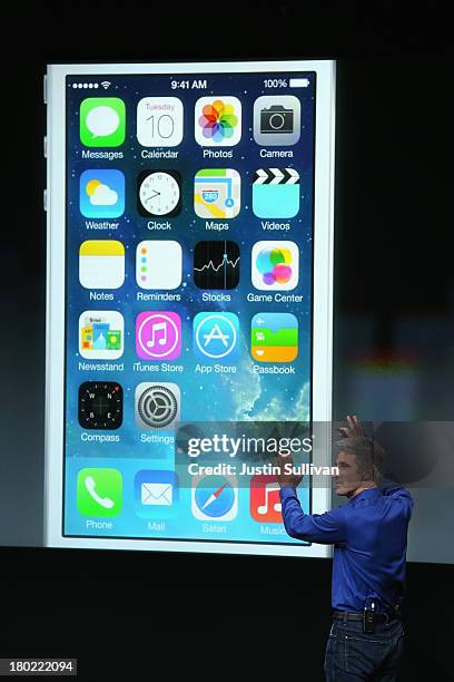 Apple Senior Vice President of Software Engineering Craig Federighi speaks about iOS 7 on stage during an Apple product announcement at the Apple...