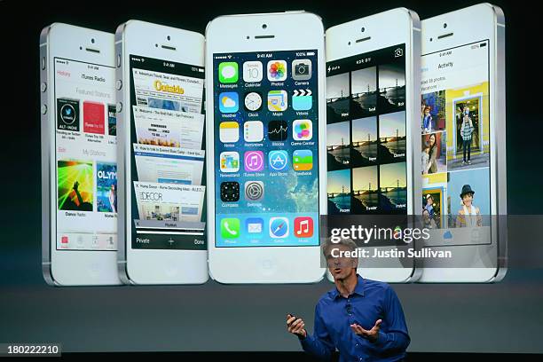 Apple Senior Vice President of Software Engineering Craig Federighi speaks about iOS 7 on stage during an Apple product announcement at the Apple...