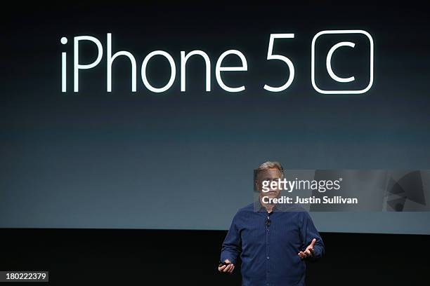 Apple Senior Vice President of Worldwide Marketing at Phil Schiller speaks about the new iPhone 5Cduring an Apple product announcement at the Apple...