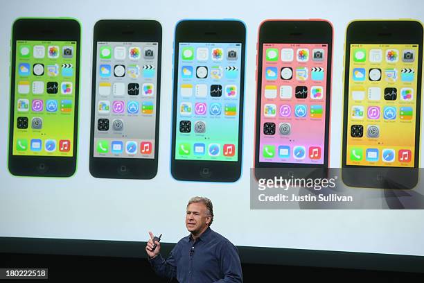 Apple Senior Vice President of Worldwide Marketing at Phil Schiller speaks about the new iPhone 5C during an Apple product announcement at the Apple...