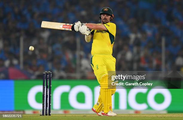 Travis Head of Australia plays a shot during the ICC Men's Cricket World Cup India 2023 Final between India and Australia at Narendra Modi Stadium on...