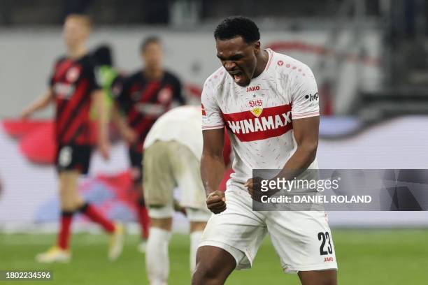 Stuttgart's French defender Dan-Axel Zagadou celebrates his team's 1-2 win at the end of the German first division Bundesliga football match between...