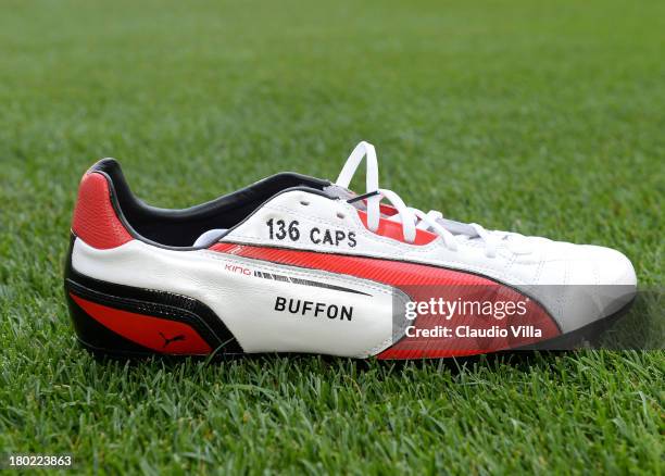 The shoes belonging to Gianluigi Buffon of Italy on display to celebrate the player becoming the most capped Italian international player prior to...