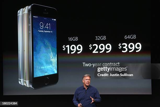 Apple Senior Vice President of Worldwide Marketing at Phil Schiller speaks about the new iPhone 5S during an Apple product announcement at the Apple...