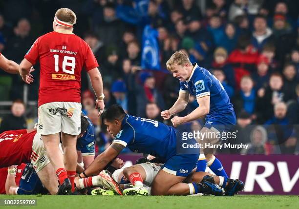 Dublin , Ireland - 25 November 2023; Ben Murphy of Leinster celebrates a turnover during the United Rugby Championship match between Leinster and...