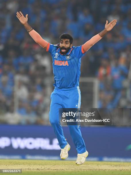 Jasprit Bumrah of India unsuccessfully appeals for the LBWof Marnus Labuschagne of India during the ICC Men's Cricket World Cup India 2023 Final...