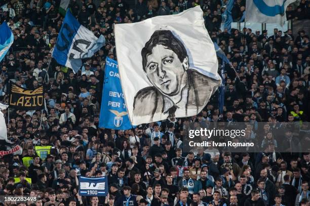 Flag with the drawing of the face of Vincenzo Paparelli during the Serie A TIM match between SS Lazio and AS Roma at Stadio Olimpico on November 12,...