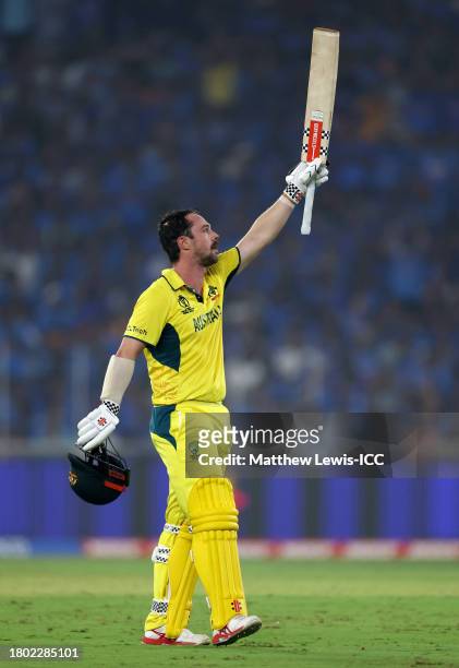 Travis Head of Australia celebrates his century during the ICC Men's Cricket World Cup India 2023 Final between India and Australia at Narendra Modi...