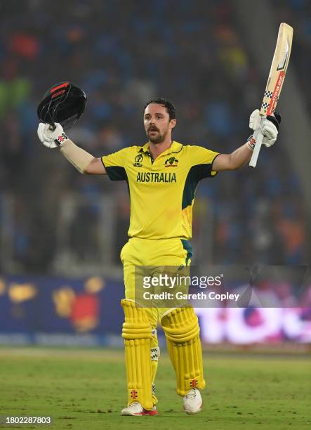Travis Head of Australia celebrates his century during the ICC Men's Cricket World Cup India 2023 Final between India and Australia at Narendra Modi...