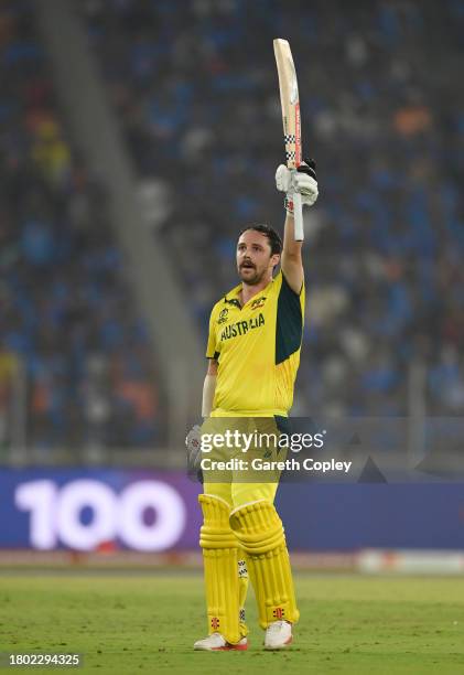 Travis Head of Australia celebrates his century during the ICC Men's Cricket World Cup India 2023 Final between India and Australia at Narendra Modi...