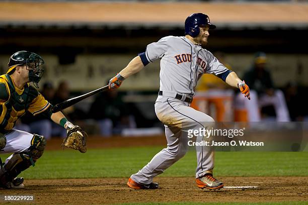 Trevor Crowe of the Houston Astros at bat against the Oakland Athletics during the eighth inning at O.co Coliseum on September 5, 2013 in Oakland,...