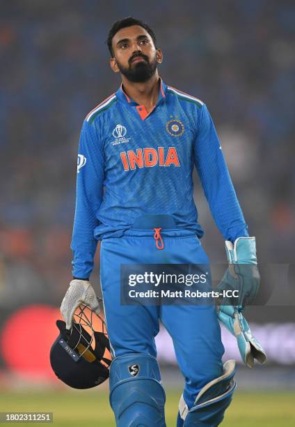 Rahul of India reacts during the ICC Men's Cricket World Cup India 2023 Final between India and Australia at Narendra Modi Stadium on November 19,...