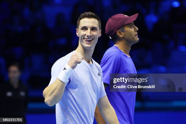 Joe Salisbury of Great Britain celebrates match point with Rajeev Ram of United States during the Men's Doubles Final against Horacio Zeballos of...