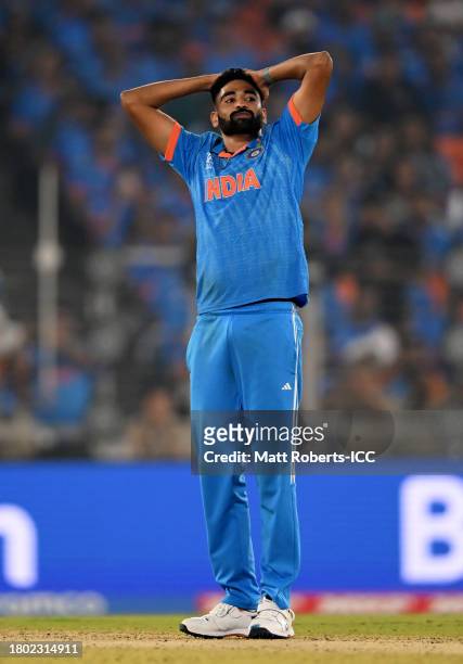 Mohammed Siraj of India reacts during the ICC Men's Cricket World Cup India 2023 Final between India and Australia at Narendra Modi Stadium on...