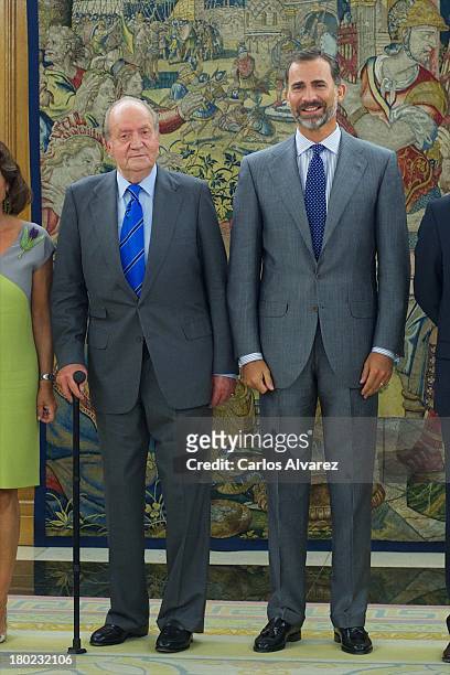 King Juan Carlos of Spain and Prince Felipe of Spain receive members of Madrid 2020 Candidate City at the Zarzuela Palace on September 10, 2013 in...