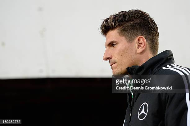 Mario Gomez of Germany looks on prior to the FIFA 2014 World Cup Qualifier match between Faeroe Islands and Germany on September 10, 2013 in...