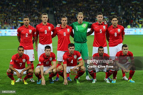The England team pose for the cameras prior to kickoff during the FIFA 2014 World Cup Qualifying Group H match between Ukraine and England at the...