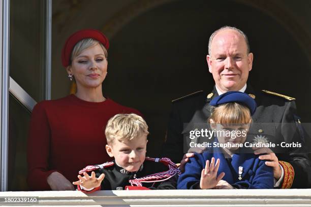 Princess Charlene of Monaco, Prince Jacques of Monaco, Princess Gabriella of Monaco and Prince Albert II of Monaco attend the Monaco National Day...