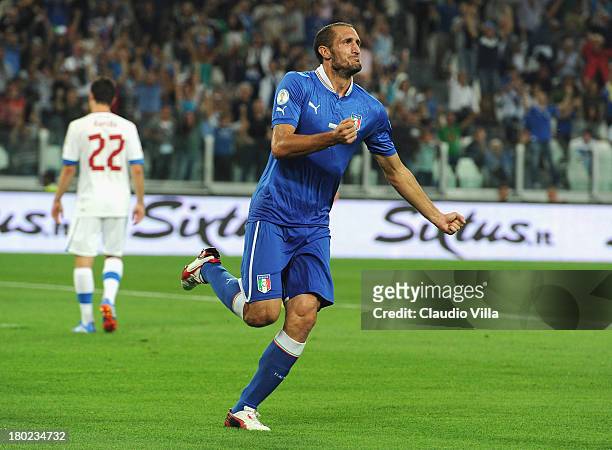 Giorgio Chiellini of Italy celebrates scoring the first goal during the FIFA 2014 World Cup Qualifier group B match between Italy and Czech Republic...