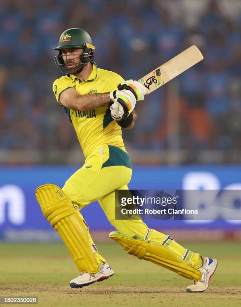 Glenn Maxwell of Australia plays a shot to hit the winning runs during the ICC Men's Cricket World Cup India 2023 Final between India and Australia...