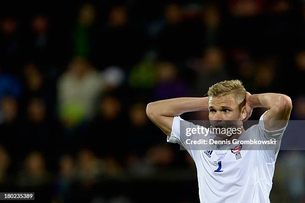 Johan Troest Davidsen of Faeroe Islands shows his frustration during the FIFA 2014 World Cup Qualifier match between Faeroe Islands and Germany on...