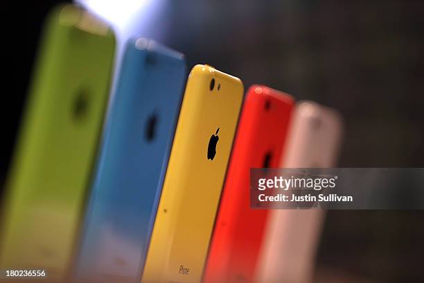 The new iPhone 5C is displayed during an Apple product announcement at the Apple campus on September 10, 2013 in Cupertino, California. The company...