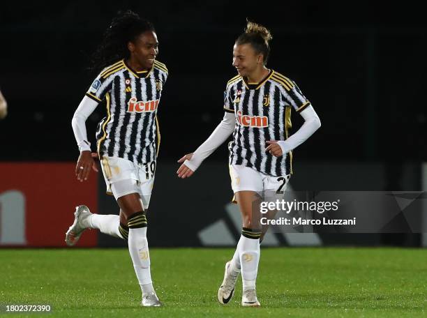 Lindsey Thomas of Juventus celebrates her goal with her team-mate Arianna Caruso during the Women Serie A eBay match between Juventus Women and FC...