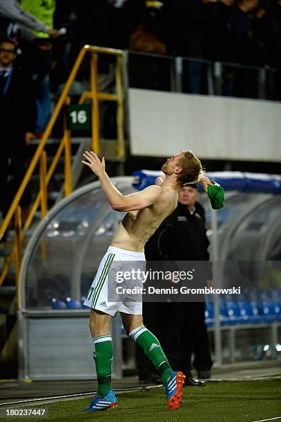 Per Mertesacker of Germany reacts after the FIFA 2014 World Cup Qualifier match between Faeroe Islands and Germany on September 10, 2013 in Torshavn,...