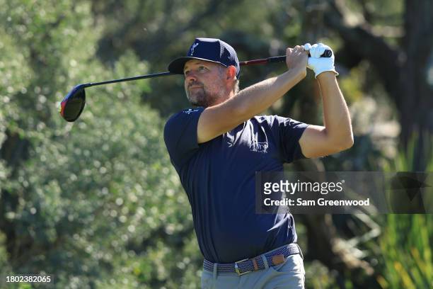 Ryan Moore of the United States hits a tee shot on the second hole during the final round of The RSM Classic on the Seaside Course at Sea Island...