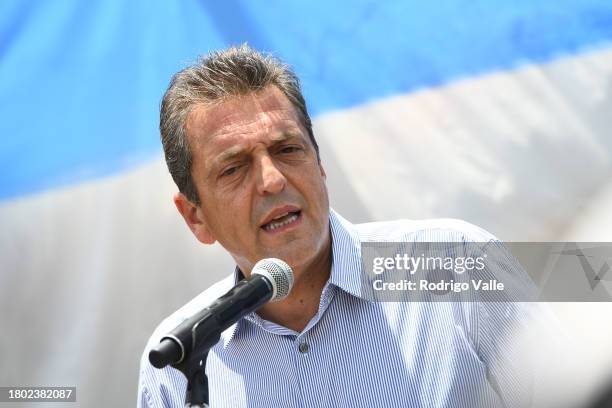 Presidential candidate for Union Por La Patria Sergio Massa gives a press conference after casting his vote during the presidential runoff at Escuela...